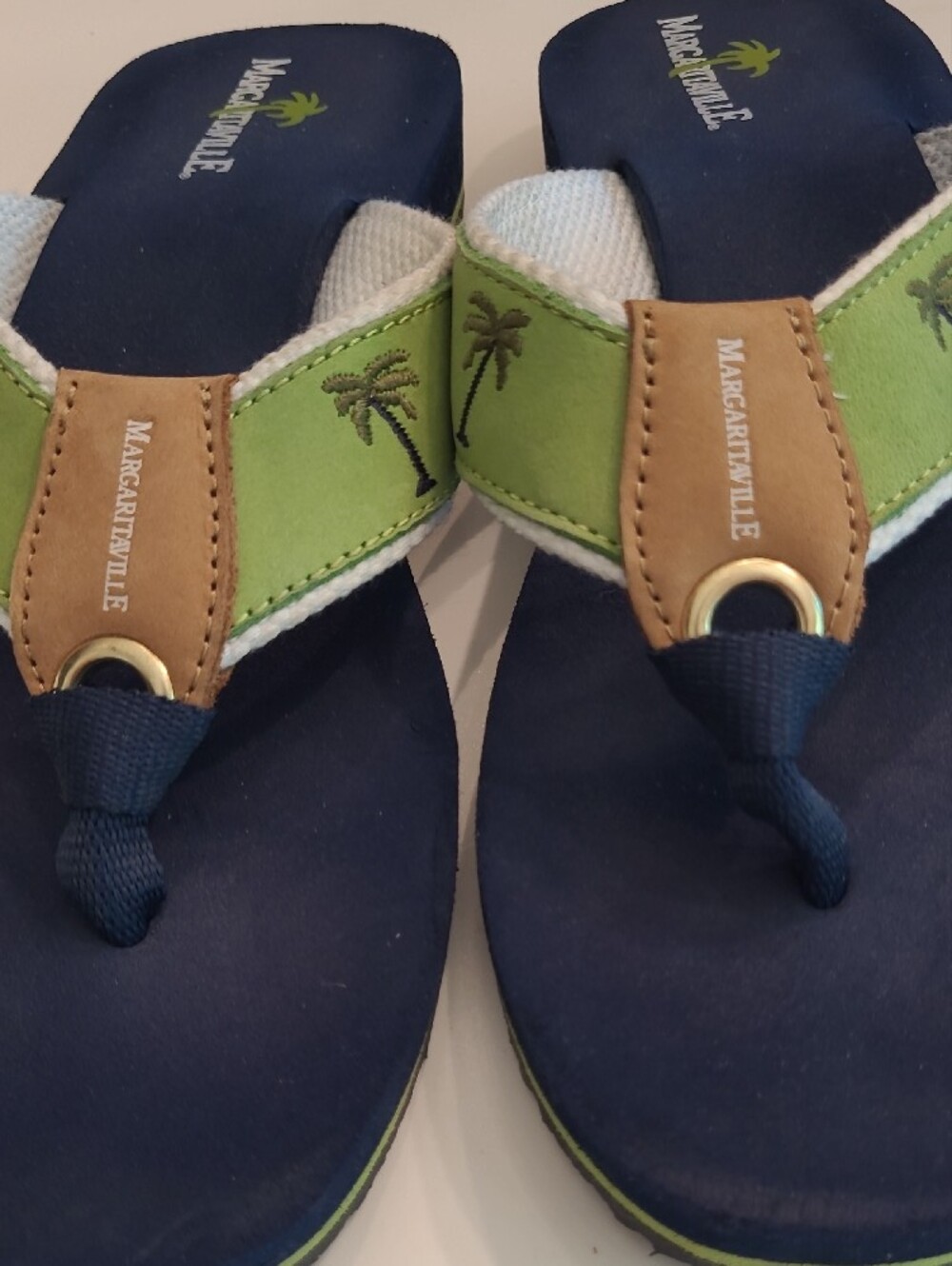 Margaritaville Breezy Slip On Toe Peg Leather Sandal Palm Tree Foam Flip Flops - Picture 10 of 17